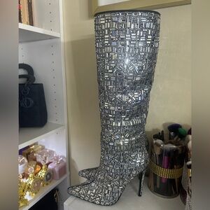 AKIRA Silver Geometric Over the Knee Boots